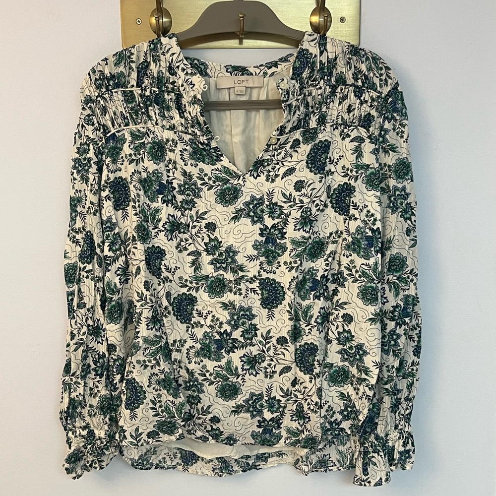 LOFT White and Green Smocked Long Sleeve Blouse